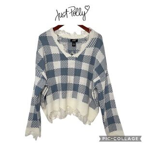 Just Polly V neck plaid distressed knit sweater